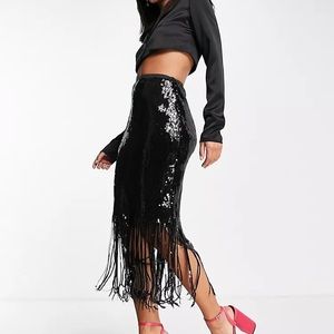 Gabrielle Union x New York & Co. Fringe Black Sequin Pencil Skirt